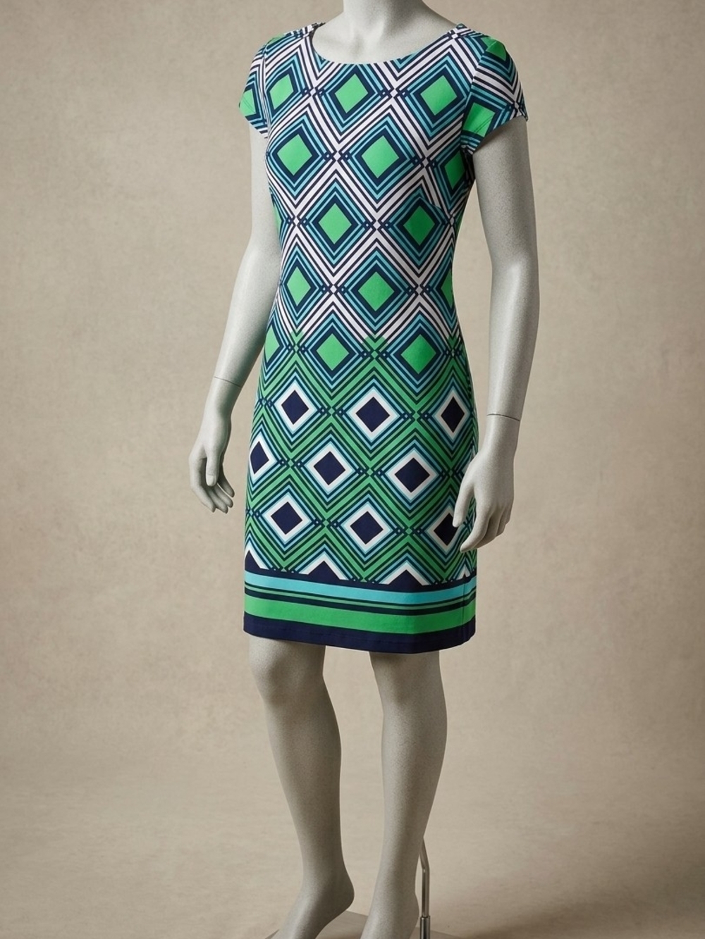 Jessica Howard Green and Navy Geometric Midi Dress